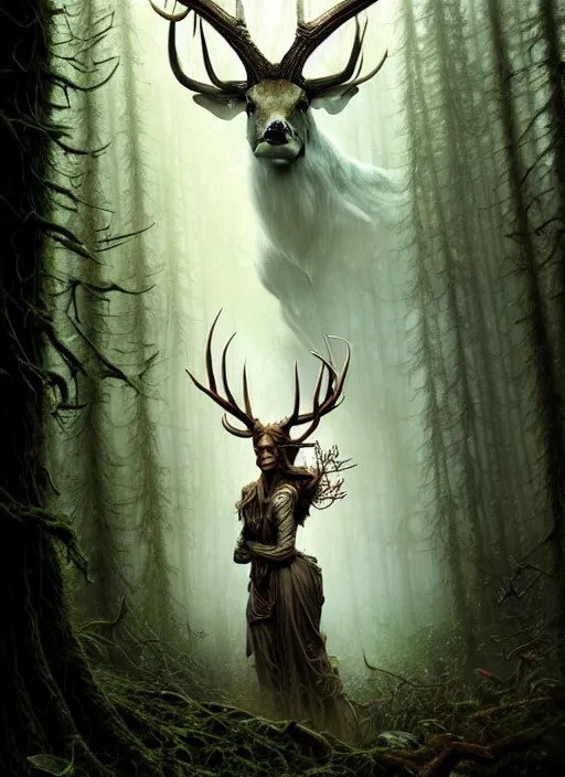 Image similar to spirit of nature with antlers in a scenic dystopian forest environment, intricate, elegant, highly detailed, centered, digital painting, artstation, concept art, smooth, sharp focus, illustration, artgerm, tomasz alen kopera, peter mohrbacher, donato giancola, joseph christian leyendecker, wlop, boris vallejo