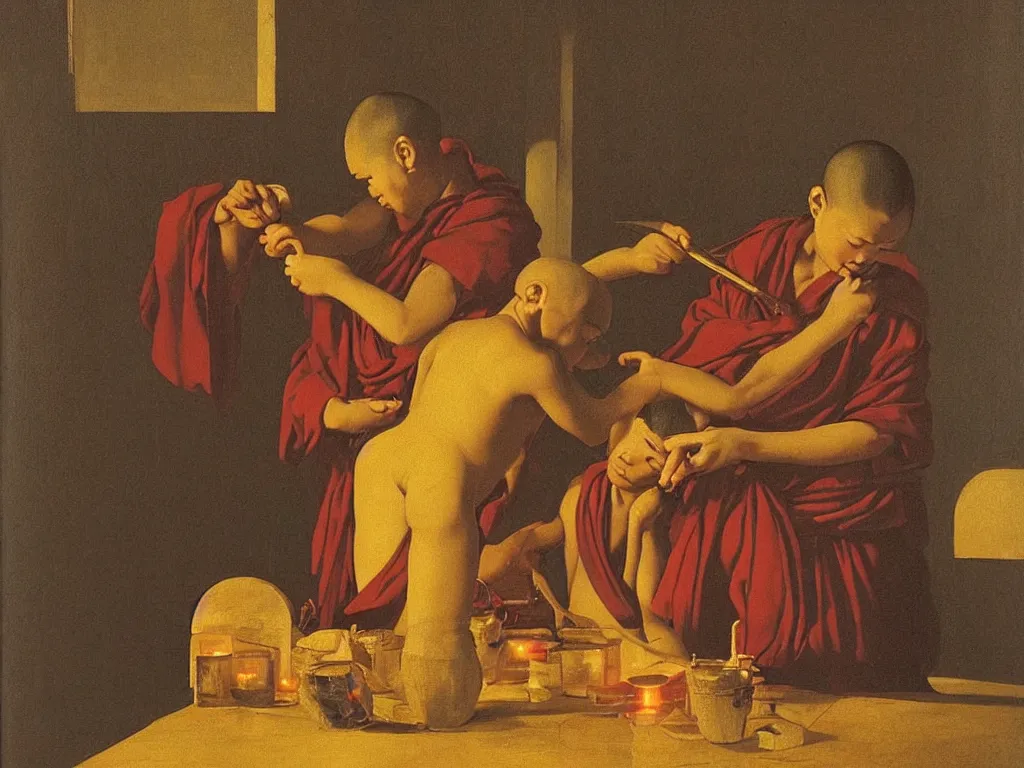 Image similar to Buddhist monk cutting the hair of a novice boy monk. Water in a vase, candle light, moth, window into the night. Painting by Georges de la Tour