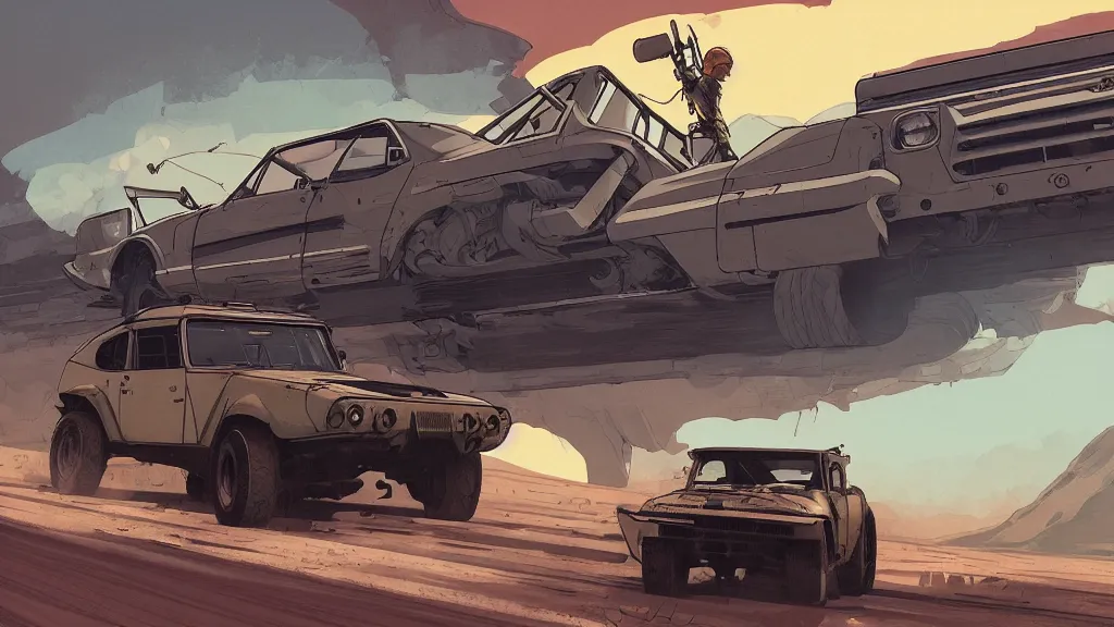 Image similar to digital illustration of mad max's fj 4 0 pursuit special, the last v 8 interceptor driving down a deserted cyberpunk highway in the middle of the day by studio ghibli, anime style year 2 0 9 3, by makoto shinkai, ilya kuvshinov, lois van baarle, rossdraws, basquiat