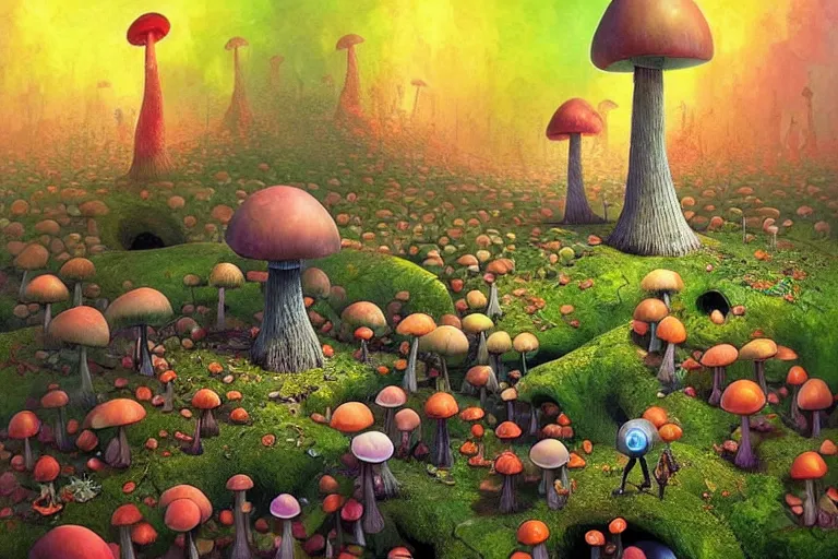 Prompt: surreal glimpse into other universe, stuck in a mushroom cave, summer morning, very coherent and colorful high contrast, art by!!!! gediminas pranckevicius!!!!, geof darrow, dark shadows, hard lighting