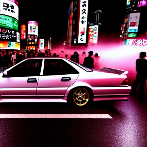 Image similar to a car JZX100 at illegal car meet, Shibuya prefecture, city midnight mist, cinematic color, photorealistic, highly detailed, 200MM