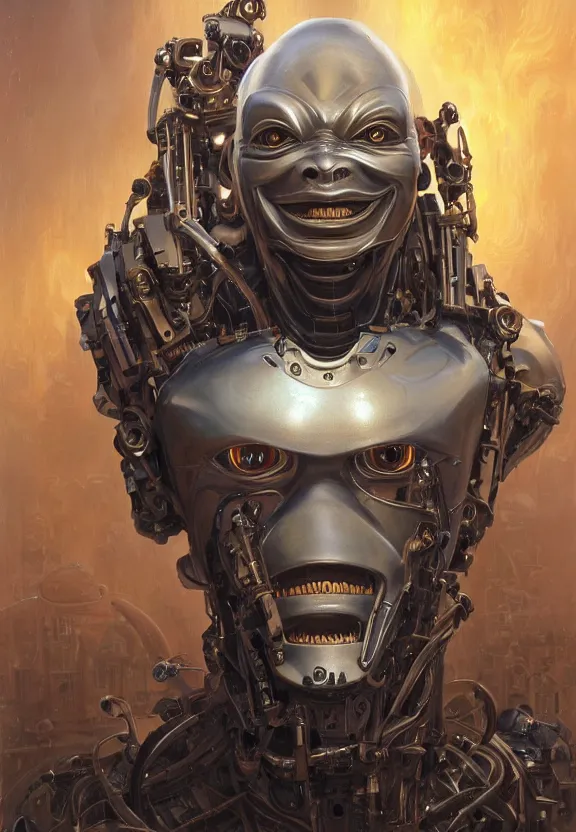 Prompt: perfectly centered portrait, front view of a beautiful biomechanical android alien anonymous guy fawkes robot, flowing hair, intense stare, sarcastic smile, symmetrical, concept art, intricate detail, volumetric shadows and lighting, realistic oil painting by tim hildebrandt and greg rutkowski,