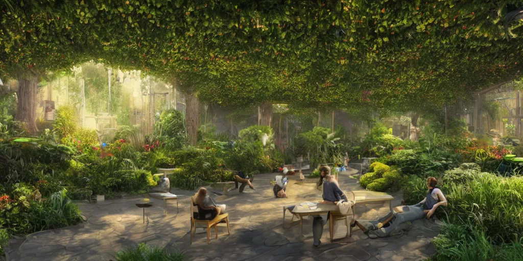 Image similar to a holodeck garden, beautiful and lush, with people lounging in chairs wearing vr headsets and eeg caps, wonderfully zen atmosphere, digital concept art, octane render 1 6 k, incredible masterpiece, futuristic and amazing