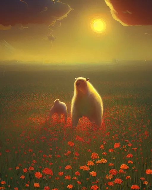 Image similar to white capybara!! looking at the sun in a flower field, surreal photography, sunrise dramatic light, impressionist painting, colorful clouds, digital painting, artstation, kilian eng, john harris, bastien lecouffe - deharme, simon stalenhag, flower face