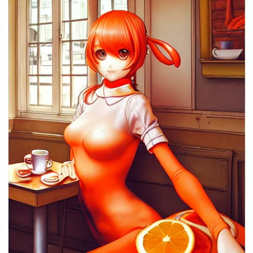 Image similar to a French girl in a café with a giant orange frog. insanely and epically detailed supreme-quality color ink pen artwork, amazingly composed image, illustrated by Range Murata and Artgerm.