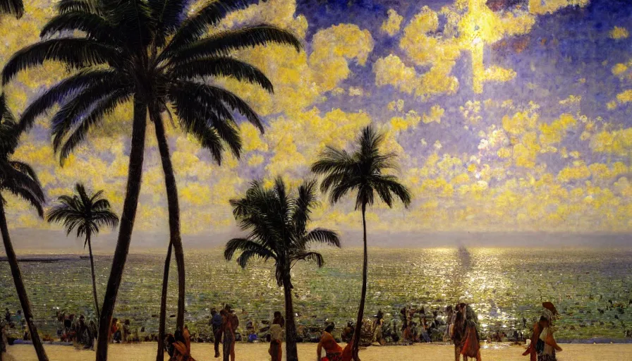 Image similar to a ultradetailed beautiful painting of the thunderstorm sky of the amazonas beach palace balustrade designed by jules bastien - lepage, tarsila do amaral, frank weston and gustave baumann, beach, trending on artstation, mediterranean, palm trees, sharp focus, colorful refracted sparkles and lines, soft light, 8 k 4 k