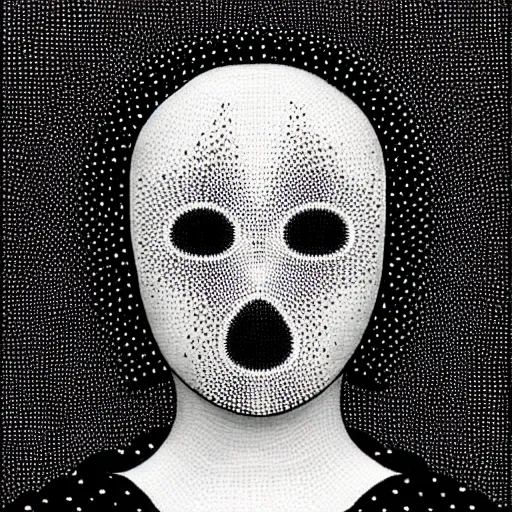 Image similar to pointilism, black and white, dot art, dark, ominous, hooded, faceless, anthropomorphic, asymmetrical, in style of old painting, gothic, unsettling