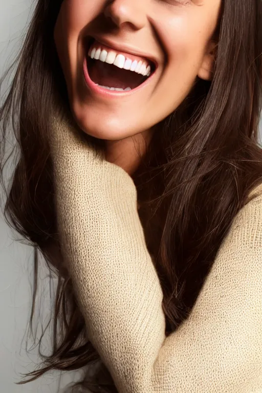 Prompt: olive skinned female model in her thirties, wearing white v - neck sweater, focused on neck, photo realistic, extreme detail skin, natural beauty, straight teeth, laughing, no filter, slr, golden hour, 4 k, high definition, selfie