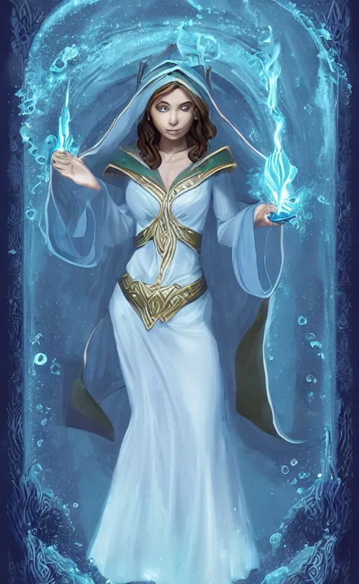 Image similar to elf female sorcerer doing water magic spells, blue robes, exquisite details, full body character design on a white background, by studio muti