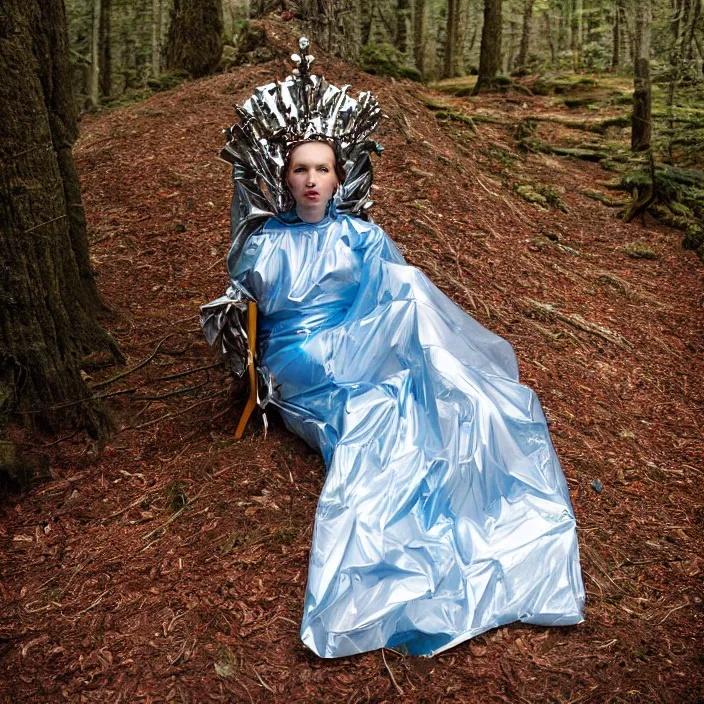 Image similar to a color photograph, closeup portrait of a woman wrapped in plastic, sitting in a plastic throne, in smokey mountains national park, color photograph, by vincent desiderio, canon eos c 3 0 0, ƒ 1. 8, 3 5 mm, 8 k, medium - format print