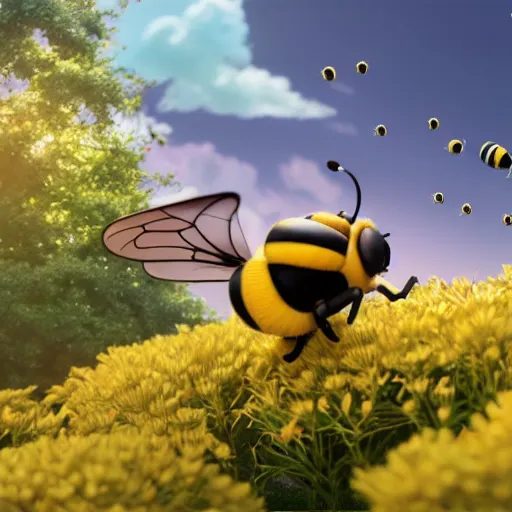 Prompt: large cute bee flying to crimson - black cute bee university, photorealistic, octane render, rtx, hdr, unreal engine, digital art widescreen 8 k, studio ghibli, disney, wlop