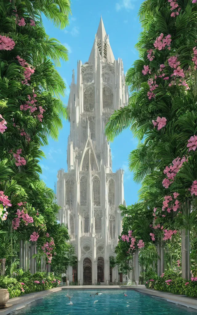 Image similar to beautiful grand cathedral interior with!! koi pond!! in the! middle! surrounded by palm trees, ivy,!! flowers!!, ( tropical plants ),!! roses!!, and with archways, rendered in octane render with photorealistic volumetric cinematic lighting, wide angle, horizontal symmetry, symmetrical! 8 k