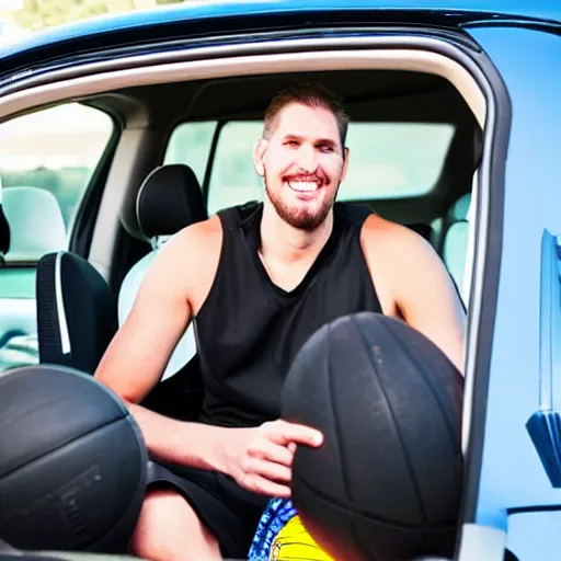 Image similar to a 7 ft tall basketball player in a tiny car