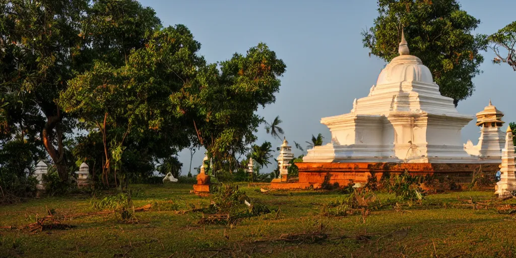 Prompt: abandoned sri lankan temple with white stupa, overgrown greenery, photography, evening sunset
