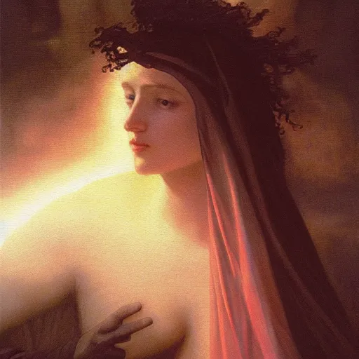 Image similar to awe-inspiring award-winning concept art painting of attractive figure in black shrouds called the ghost of the moonbow queen, rainbow, by Michael Whelan, William Adolphe Bouguereau, John Williams Waterhouse, and Donato Giancola, cyberpunk, extremely moody lighting, glowing light and shadow, atmospheric, shadowy, cinematic, 8K