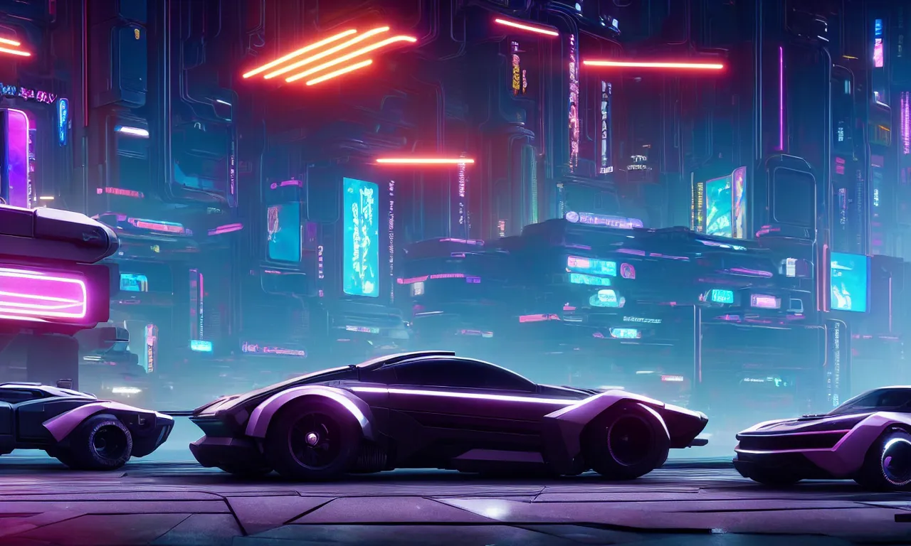 Prompt: a wholesome animation key shot of a futuristic car as a Cyberpunk 2077 loading screen, medium shot, architecture, studio Ghibli, Pixar and Disney animation, sharp, very detailed, high resolution, inspired by Hayao Miyazaki, anime key art by Greg Rutkowski, Bloom, dramatic lighting