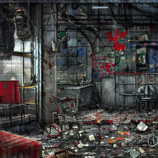 Image similar to santa's abandoned factory. cyberpunk. apocalyptic. sadness. mess. disorder. santa claus hat. abandoned gifts. water leaks. broken tiles. broken objects. high quality. high fidelity. digital art.