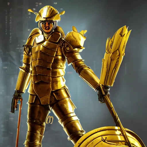 Image similar to retrofuture cyberpunk spartan tall holding spear golden face mask gold armor ryan church, jon mccoy, george hull