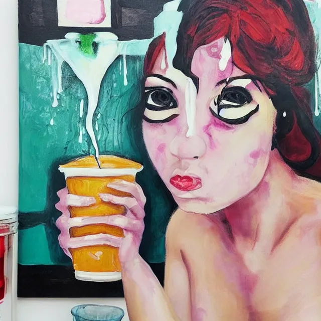 Image similar to “ sensual, a portrait in a female art student ’ s apartment, pancakes, woman drinking an iced latte from a painting, berries, art supplies, a candle dripping white wax, berry juice drips, neo - expressionism, surrealism, acrylic and spray paint and oilstick on canvas ”