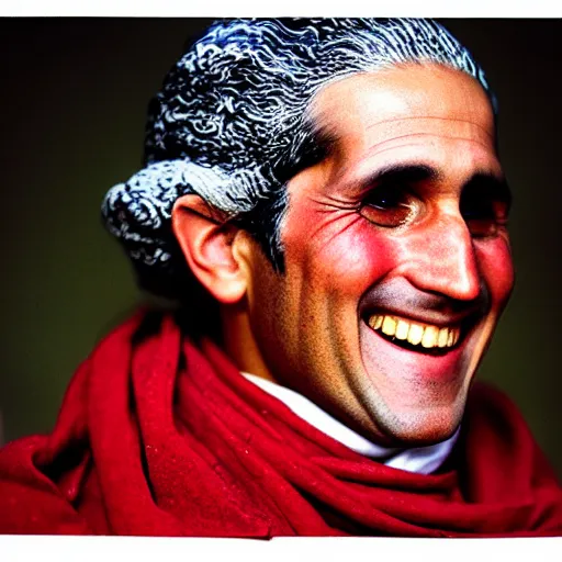 Image similar to portrait of george washington as afghan man, green eyes and red scarf looking intently, laughing, photograph by steve mccurry