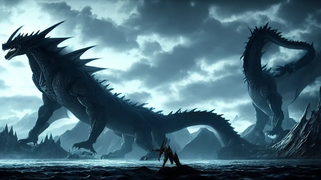 Image similar to Ancalagon the black, the biggest dragon that ever lived, over towering the huge mountains of Thangorodrim, in focus, epic, cinematic lighting, Unreal Engine 5, film key art, Bloom, dramatic lighting, cg artist