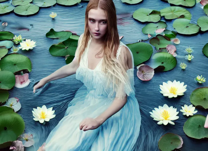 Image similar to Kodak Portra 400, 8K, soft light, volumetric lighting, highly detailed, britt marling style 3/4, photo close-up portrait of extreme beautiful girl floating in water surrounded by lily pads, half face in the water, a beautiful lace dress and hair are intricate with highly detailed realistic beautiful flowers , Realistic, Refined, Highly Detailed, natural outdoor soft pastel lighting colors scheme, outdoor fine art photography, Hyper realistic, photo realistic