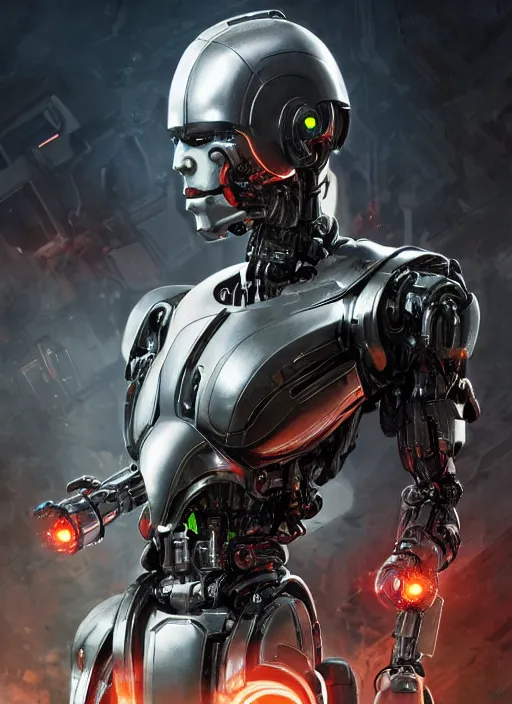 Image similar to cyborg, borg, android, strogg, face of a man, body of a robot, droid, robocop, cable, victor stone, ultron, terminator, machine, flesh, quake, doom demon, wolfenstein, monster, octane render, from an anime movie, symmetry, symmetrical, concept art by ruan jia and greg rutkowski