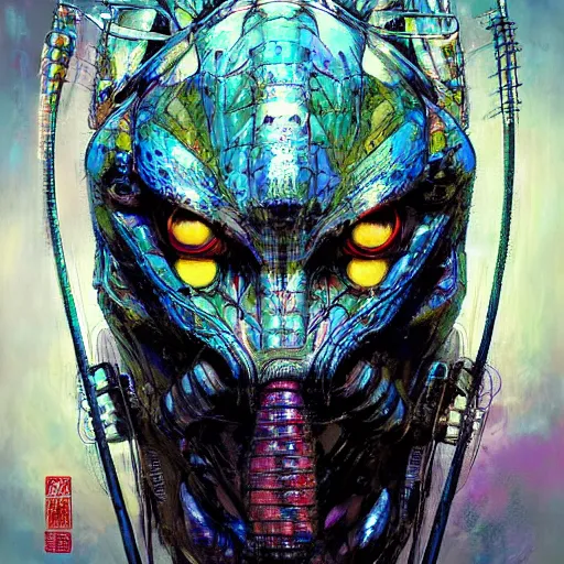 Image similar to a simple concept art portrait of a predatory robotic species. an award winning yoshitaka amano digital art poster color painting. a masterpiece by james gurney. poster colour on canvas.