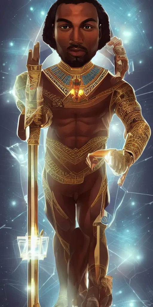 Image similar to symmetry!! brown skin man egyptian prince holding scepter of power, solid cube of light, hard edges, product render retro - futuristic poster scifi, lasers coming from eyes, brown skin man egyptian prince, intricate, elegant, highly detailed, digital painting, artstation, concept art, smooth, sharp focus, illustration, dreamlike, art by artgerm