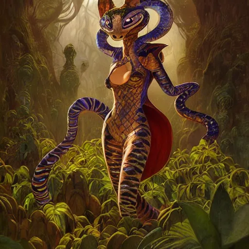 Image similar to a portrait of a female snake wearing ornate plastic armor at night in a dark forest. zootopia fursona furaffinity furry art detailed face painting by roger dean and gaston bussiere craig mullins jc leyendecker gustav klimt artgerm greg rutkowski furry