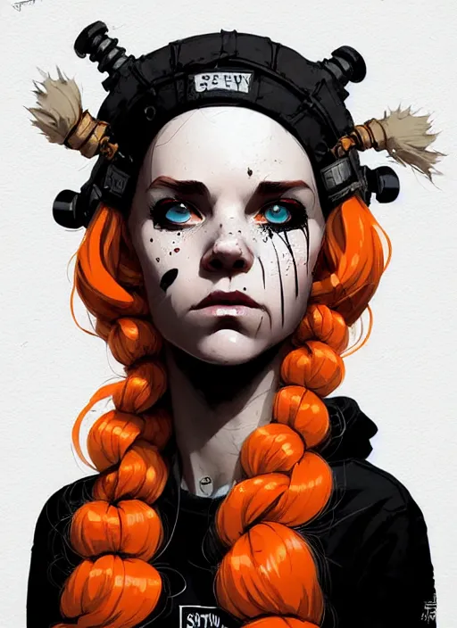 Image similar to highly detailed portrait of a sewer punk lady, tartan hoody, blonde ringlet hair by atey ghailan, by greg rutkowski, by greg tocchini, by james gilleard, by joe fenton, by kaethe butcher, gradient orange, black, blonde cream and white color scheme, grunge aesthetic!!! ( ( graffiti tag wall background ) )