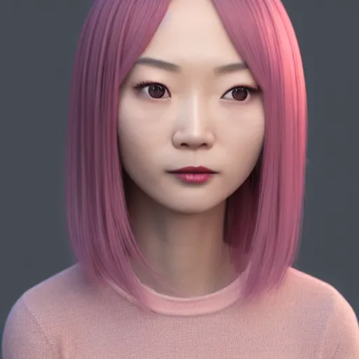 Prompt: 3 d render of a cute thin petite chinese young woman with light pink hair, long hair, with full bangs, small round face, small nose, porcelain skin tone, red blush, wearing casual sweater, small smile, warm pink living room, medium shot, octane render, 8 k, hyperrealism, trending on artstation, unreal engine 5,
