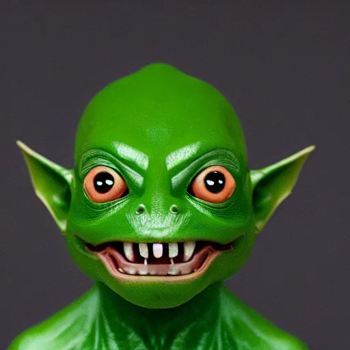 Image similar to portrait of a gremlin. Green skin, pointy nose and evil grin. Detailed face. Photo 8K.