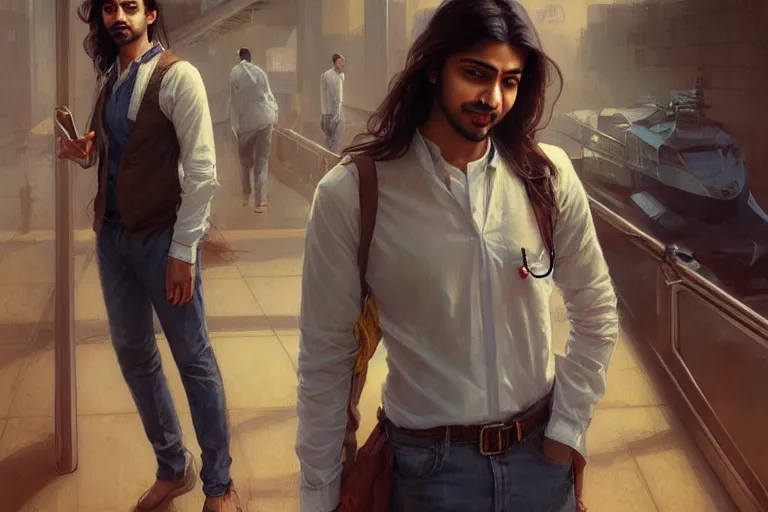 Image similar to Anxious good looking pale young Indian doctors wearing jeans and shirts at the airport, portrait, elegant, intricate, digital painting, artstation, concept art, smooth, sharp focus, illustration, art by artgerm and greg rutkowski and alphonse mucha