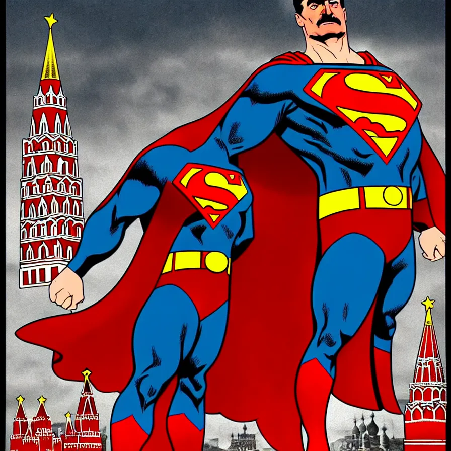 Image similar to epic comic book cover of stalin as superman floating over the red square ( moscow ), socialist realism, aesthetically pleasing, finely detailed facial features, photorealistic, intricate digital art, trending artstation, artgem, rich moody colors, fan art, concept art, in the style of the red son, by cory walker and ryan ottley