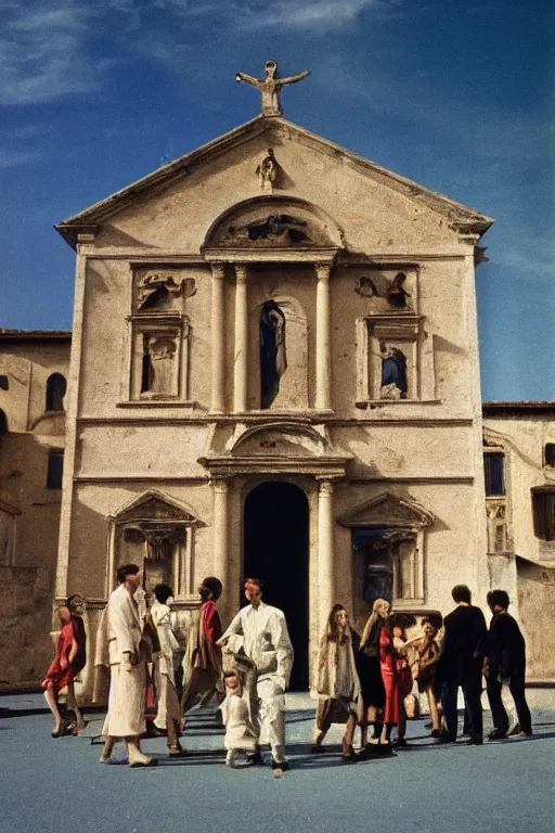 Image similar to a scene of a la giornata ( 1 9 6 6 ) a movie of antonioni starring mastroianni!!!! in the style of the ( ( ( scrovegni chapel by giotto ) ) ). incredibly blue sky. blue sky everywhere. technicolor, grandiose, cinematic, 5 0 mm, highly detailed, romantic