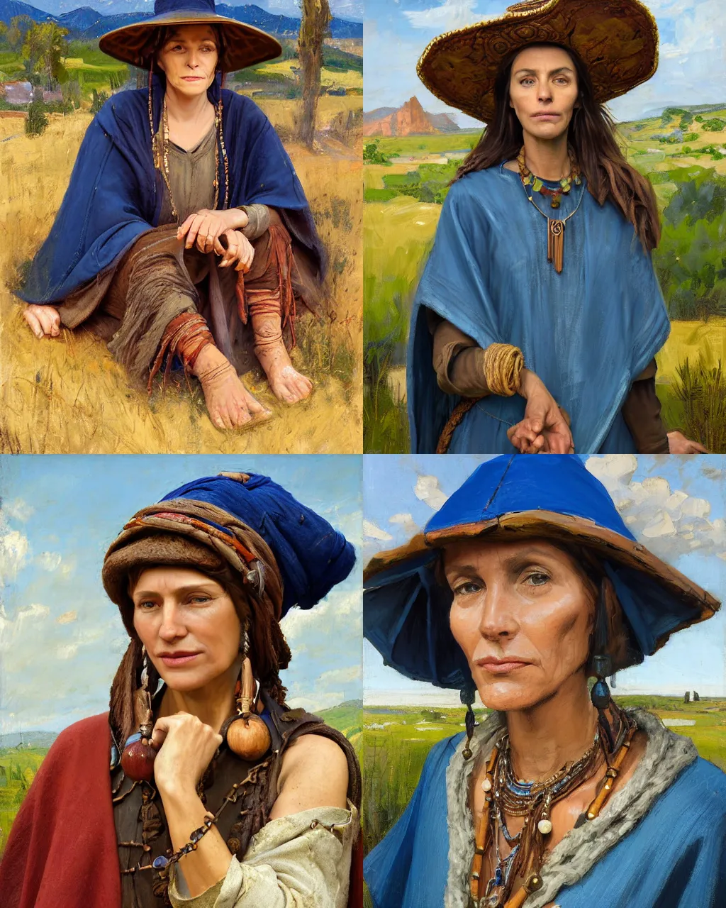 Prompt: portrait of medieval farmer woman with wooden jewelry, mediterranean features, wearing rich jewerly hat and deep blue boho poncho, fantasy character close up portrait, sitting dynamic pose, Low poly, thunder clouds in the sky, artwork by Jeremy Lipkin and Giuseppe Dangelico Pino and Michael Garmash and rob rey, levitation, industrial rusty pipes, simple form, brutal shapes