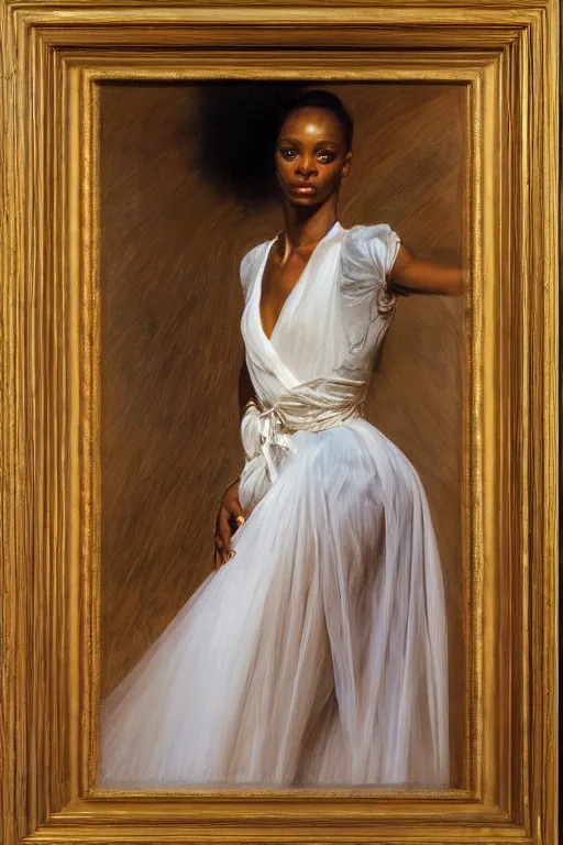 Image similar to portrait of a gorgeous graceful nubian prima ballerina, by donato giancola and berthold woltze.