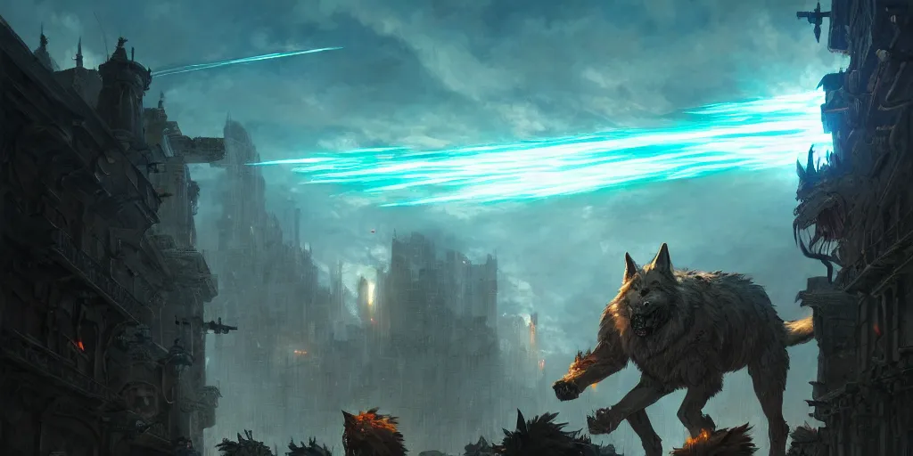 Image similar to An epic battle inside a walled city. Giant wolf is attacked by green lasers, magic barrage, raining, epic. In style of Greg Rutkowski, Jesper Ejsing, Makoto Shinkai, trending on ArtStation, fantasy, great composition, concept art, highly detailed, scenery, 8K, Behance.