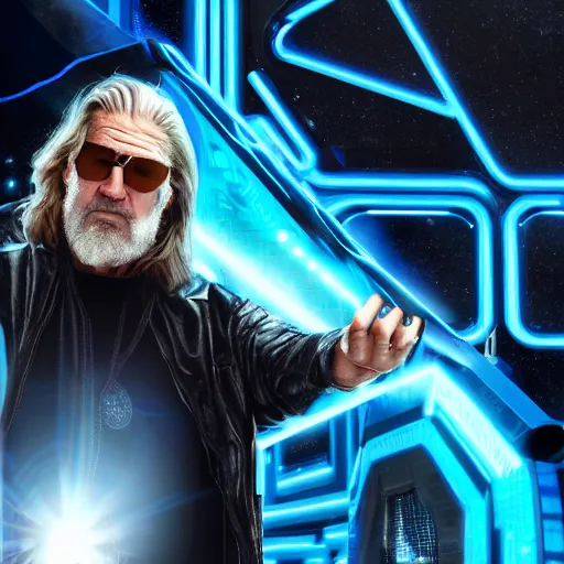 Image similar to jeff bridges as the dude lebowski in tron realm, photorealistic movie still, detailed 8 k, poster style, high resolution