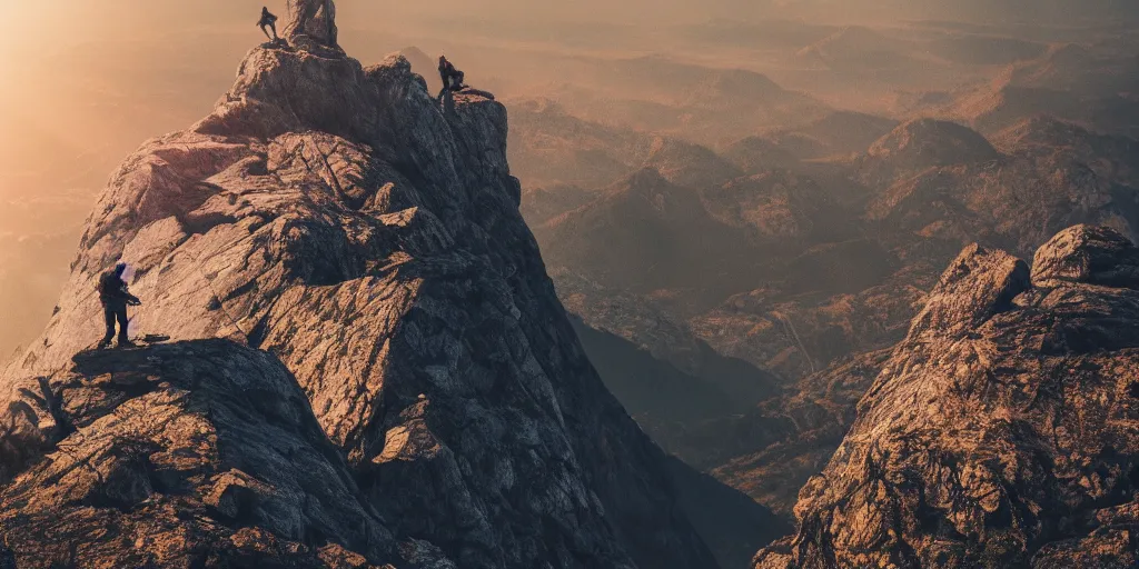 Image similar to the top of a mountain, a man standing in the background and preparing to climb, epic composition, epic lighting, detailed and intricate image, cinematic, 4K