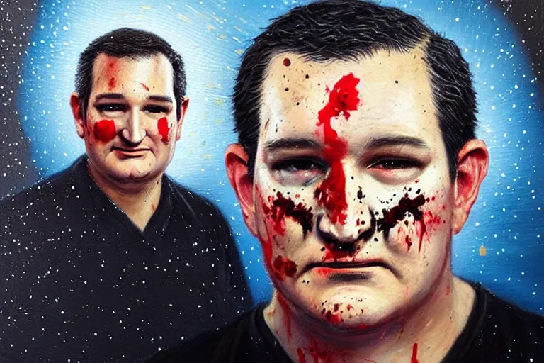 Prompt: portrait of ted cruz wearing burlap bloodsplattered as the zodiac killer at night, an oil painting by ross tran and thomas kincade