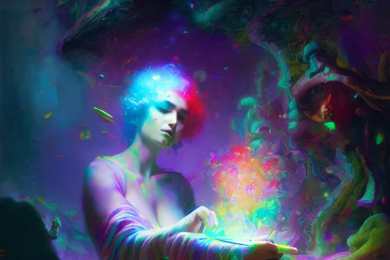 Image similar to a psychedelic realm hidden away in a pocket of ethereal knowledge | astral beings sharing love greg rutkowski wlop lisa frank bob ross | ruan jia | illustration