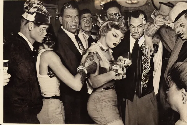 Image similar to rich piana dressed as a gangster is offered a drink at a 1 9 5 0 s party by a slim young lady, painted by phil hale and rick berry and dean cornwell and norman rockwell and jack kirby and jeremy mann