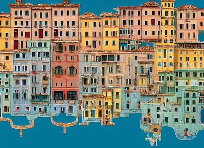 Image similar to symmetry!! italian city, a beautiful painting representative of the art style of wes anderson and spike jonze