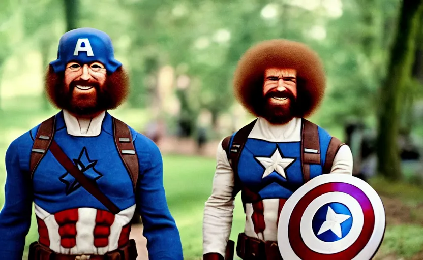 Image similar to cinestill 5 0 d candid photographic portrait by helen levitt of a smiling bob ross as captain america, modern, bright, emotional cinematic, on a green hill, 8 k, hd, high resolution, 3 5 mm, f / 3 2, ultra realistic faces, ex machina