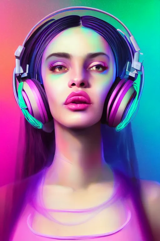 Image similar to a award winning half body portrait of a beautiful woman with stunning eyes in a croptop and cargo pants with ombre purple pink teal hairstyle with headphones on her ears by thomas danthony, surrounded by whirling illuminated lines, outrun, vaporware, shaded flat illustration, digital art, trending on artstation, highly detailed, fine detail, intricate