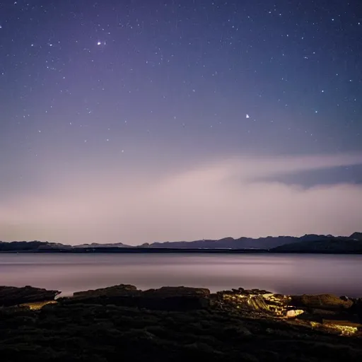 Prompt: A Body Of water, electric blue, electricity, darkness, evening, flash photography, Geological Phenomenon in the distance