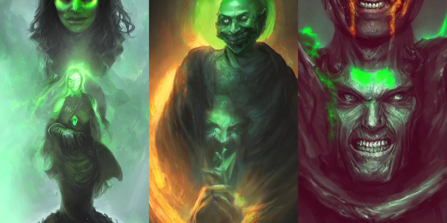 Prompt: half - length portrait, necromancer smiling, ominous. green lighting. fantasy, digital painting, hd, detailed.