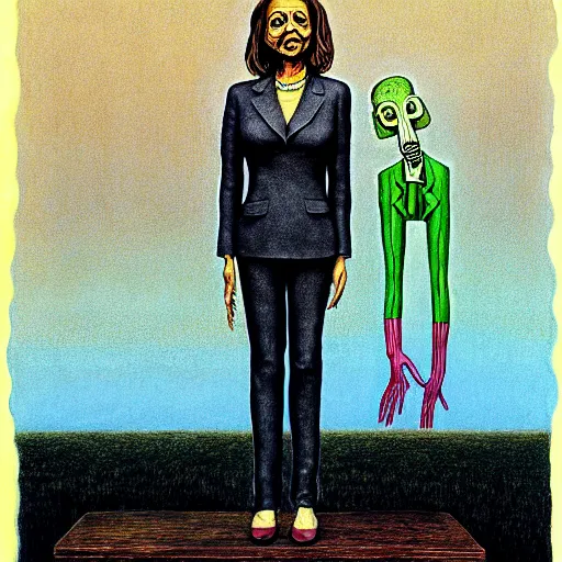 Prompt: portrait of salad fingers kamala harris wearing pantsuit by otto dix, junji ito, hr ginger, jan svankmeyer, beksinski, claymation, hyperrealistic, aesthetic, masterpiece